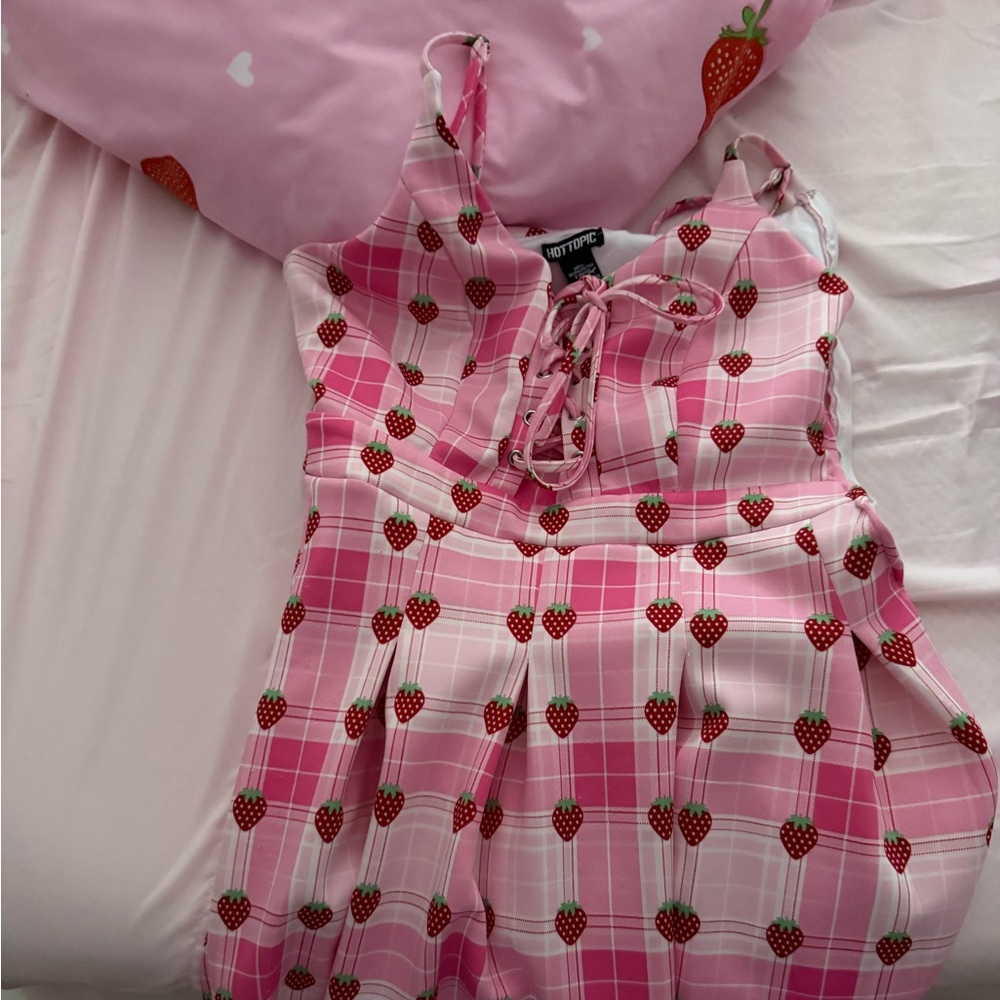 Hot Topic strawberry print pink dress with corset lacing detail and pockets!